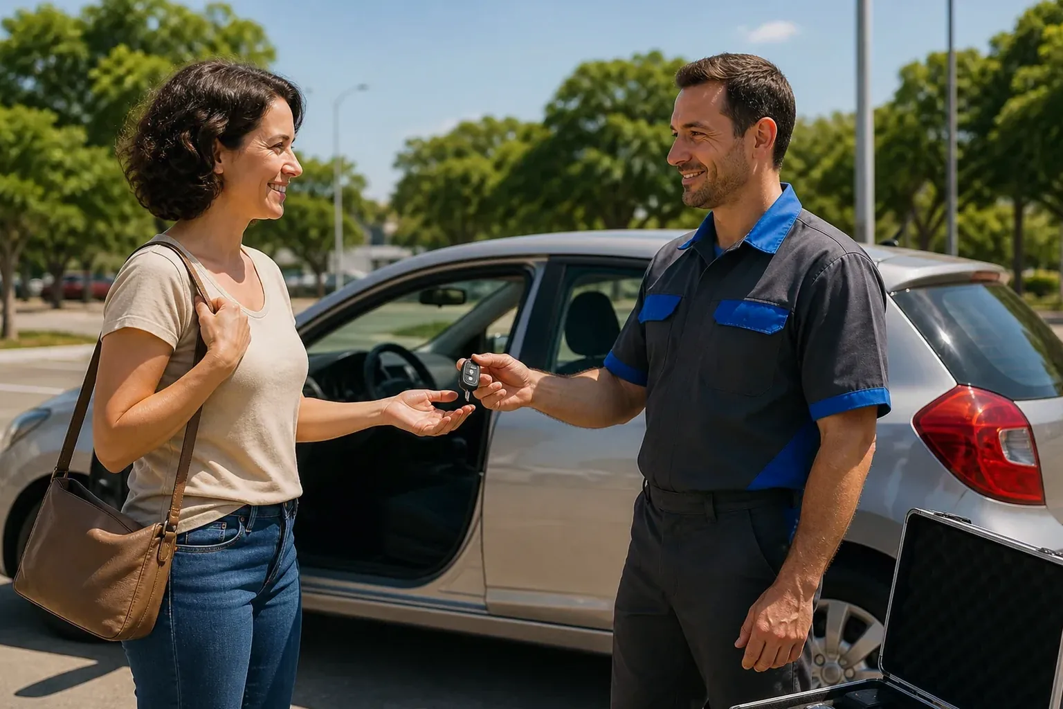 Profissional chaveiro abrindo um carro com ferramentas específicas.