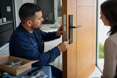 Profissional chaveiro instalando uma nova fechadura na porta.