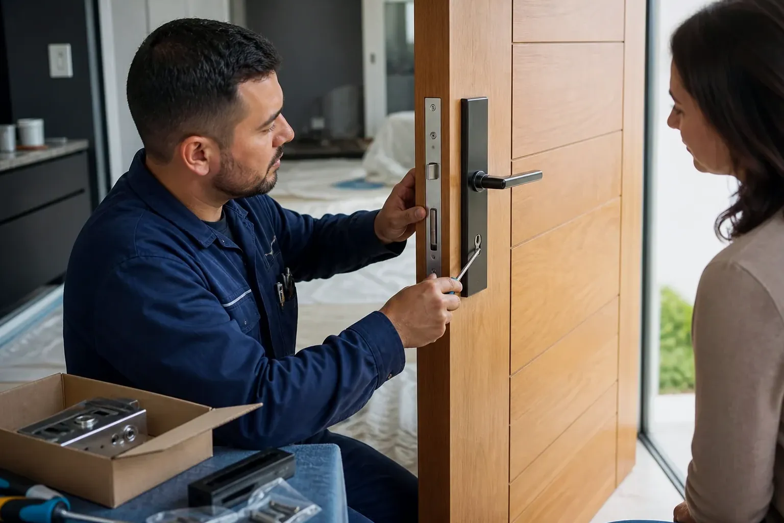 Profissional chaveiro instalando uma nova fechadura na porta.
