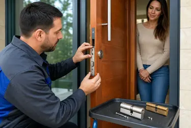 Profissional chaveiro trocando uma fechadura em uma porta.