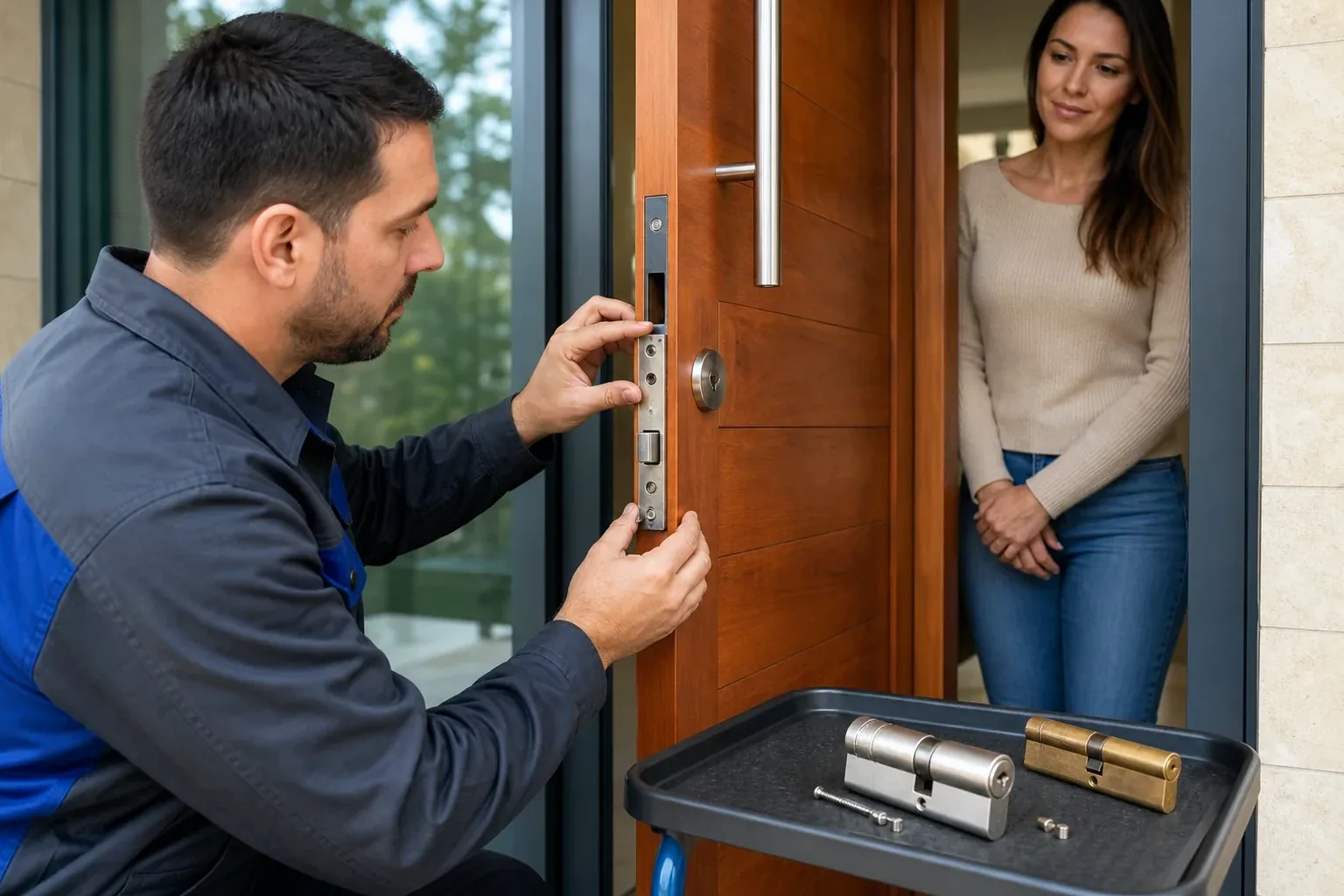 Profissional chaveiro trocando uma fechadura em uma porta.